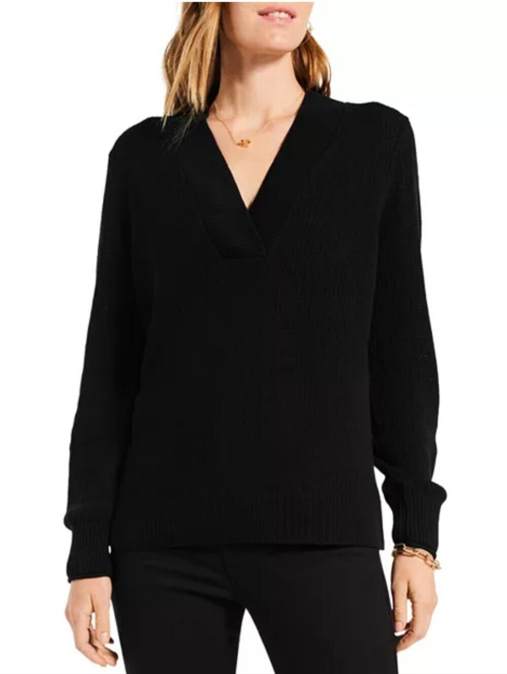 Nic+Zoe Black V-Neck Women's Sweater - Classic Knit Pullover-Size M